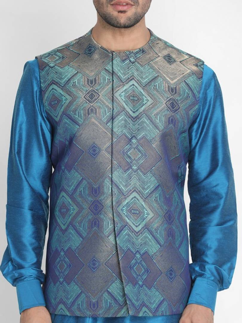 Men's Turquoise 
Silk Blend
 Printed Nehru Jackets
